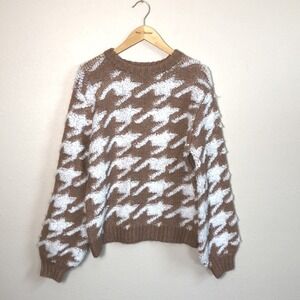 LINE‎ & DOT Revolve Women's XL Plush Houndstooth Cream/Toffee Sweater Cozy NEW